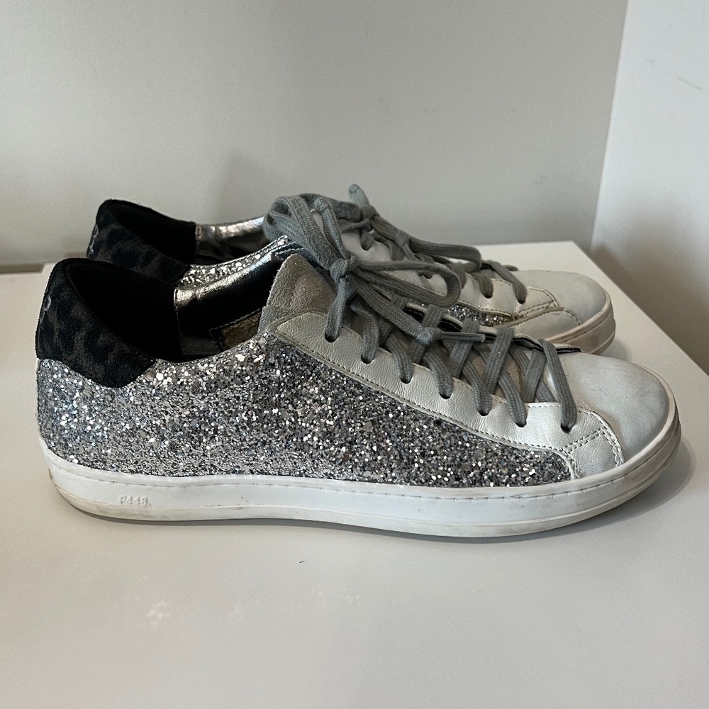 P448 Silver Glitter Leopard White Sneakers Shoes Size 38